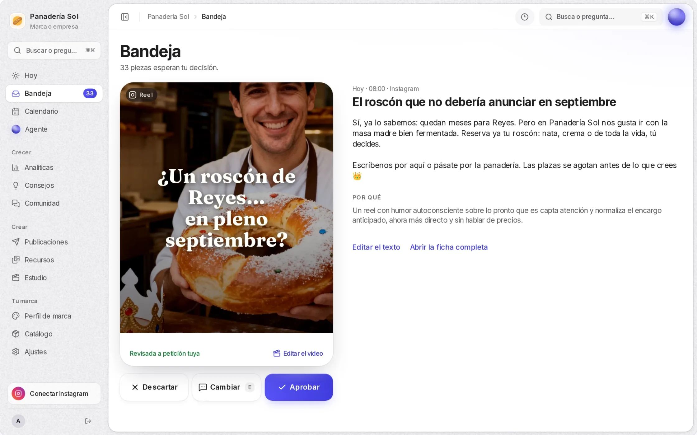 Fidelitic: la bandeja con una publicación lista para aprobar, el texto y el motivo